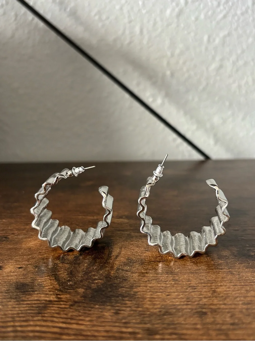 Silver Tone Textured Wave Hoop Earrings - Women Jewelry